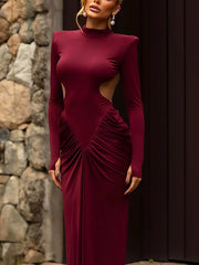 Elegant High Collar Cutout Ruched Maxi Dress