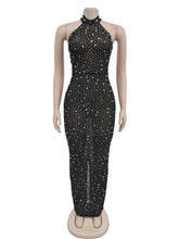 Sheer Rhinestone Halter Party Club Maxi Dress