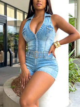 Sexy Lapel Halter Backless Denim Romper