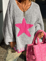 Warm Texture Star Pattern Contrast Color Loose Sweater