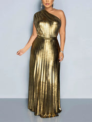 Skew Collar Sleeveless Pleat Dress