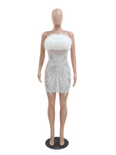 Sequin See through Feather Strapless Dress