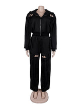 Zipper Fringe Hoodie and Wide Leg Trousers Sets