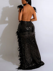 Sexy Sequin Backless Feather Slit Club Party Dress