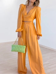V Neck Shirt Wide leg Pants Set