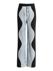 Fashion High Waist Patchwork Wave Jeans