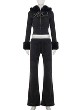 Fur-Trimmed Rhinestone Hoodie Trousers Two Piece