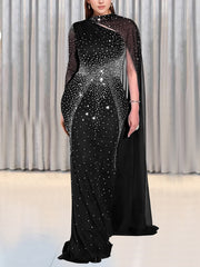 Elegant Sheer Mesh Rhinestone Slim Maxi Dress