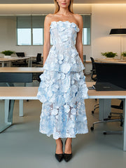 Boutique Embroider 3D Flower Tiered Strapless Dress