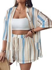 Casual Striped Crochet Top Shorts Two Piece Set