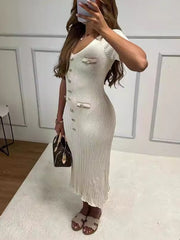 V-neck Short Sleeve Solid Ribbed Knit Midi Dress