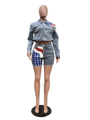 USA Flag Patch Denim Jacket Shorts Two Piece Set