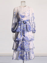 Fashion Round Collar Print Tiered Midi Dress