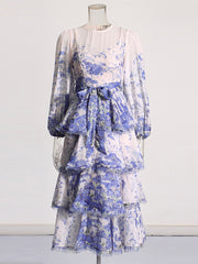 Fashion Round Collar Print Tiered Midi Dress