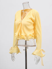 Fashion V Neck Flare Sleeve Ruffle Slim Shirt Top