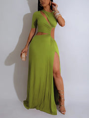 Sexy Hollow Waist Irregular High Slit Maxi Dress