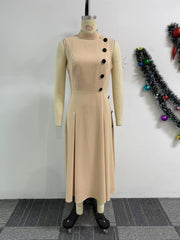 Fashion Stand Collar Sleeveless Button Decor Midi Dress