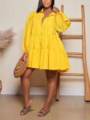 Casual Solid Lantern Sleeve Smock Dress