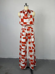 Casual Print Patchwork Sleeveless Wide Leg Pants Set