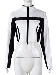 Fashion Faux Leather Color block Zip Up Crop Jacket