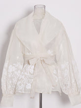 Vintage Floral Pattern Lapel Mesh Blouse