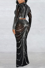 Sexy Rhinestone Sheer Mesh Skirt Club Sets