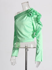 Fashion Ruffle Rosette Applique One Shoulder Shirt