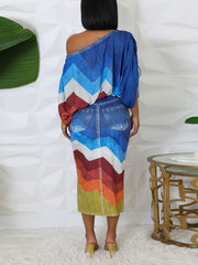 Casual Print Off Shoulder Top And Slit Skirt Sets