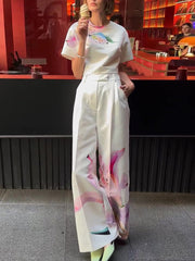Round Neck Print T shirt Wide Leg Pants Sets