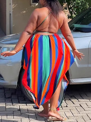 Sexy Low-Back Print Halter Lace-Up High-Slit Maxi Dress