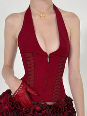 Sexy Halter Zip-up Corset Backless Top