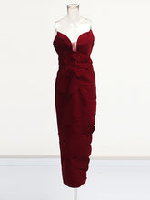 Elegant Strapless Leaf Detail Suede Maxi Dress