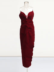 Elegant Strapless Leaf Detail Suede Maxi Dress