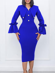 V Neck Long Sleeve Cocktail Party Midi Dress