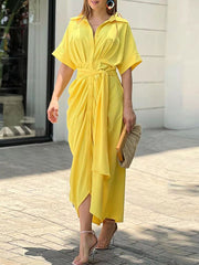 Short Sleeve Single Breasted High Waist Shirt Dress