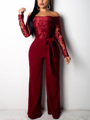 Elegant Off Shoulder Floral Lace Slim Wide Leg Jumpsuit