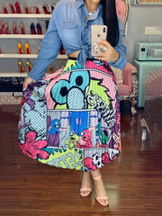 Casual Cartoon Print Pleated Skirt