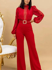 Elegant Lace Patchwork Long Sleeve Belted Jumpsuit