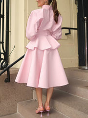 High Neck Cropped Top High Waist Ruffles Midi Skits Set