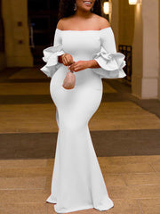 Off Shoulder Ruffles Sleeve Slim Party Dress