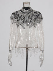 Fashion Embroidered Beading Tassel Cape Top