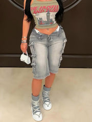 Casual High Wais Knee Length Denim Shorts