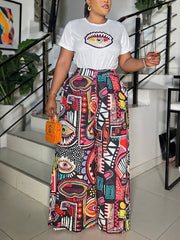 Casual Print T-shirt Wide Leg Pants Two Piece Set