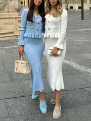 Ruffled V-neck Top Flared Skirt Knit Matching Set