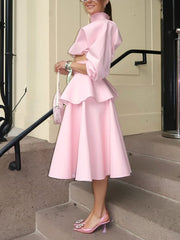 High Neck Cropped Top High Waist Ruffles Midi Skits Set