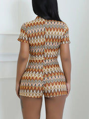 Casual Print Buckle Turndown Collar Skinny Rompers