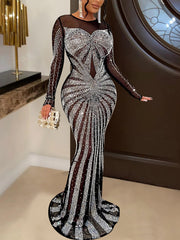 Elegant Sheer Mesh Rhinestone Maxi Dress