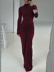 Elegant Long Sleeve Slim Draped Maxi Dress