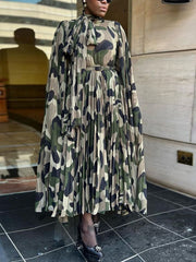 Casual Camouflage Print O Neck Long Dress