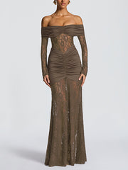 Sexy Off-Shoulder Sheer Mesh Lace Patchwork Maxi Dress